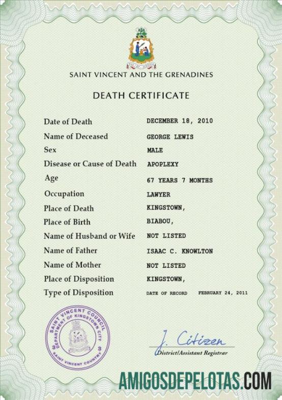 Imprimível modelo PSD de certidão de óbito de São Vicente e Granadinas